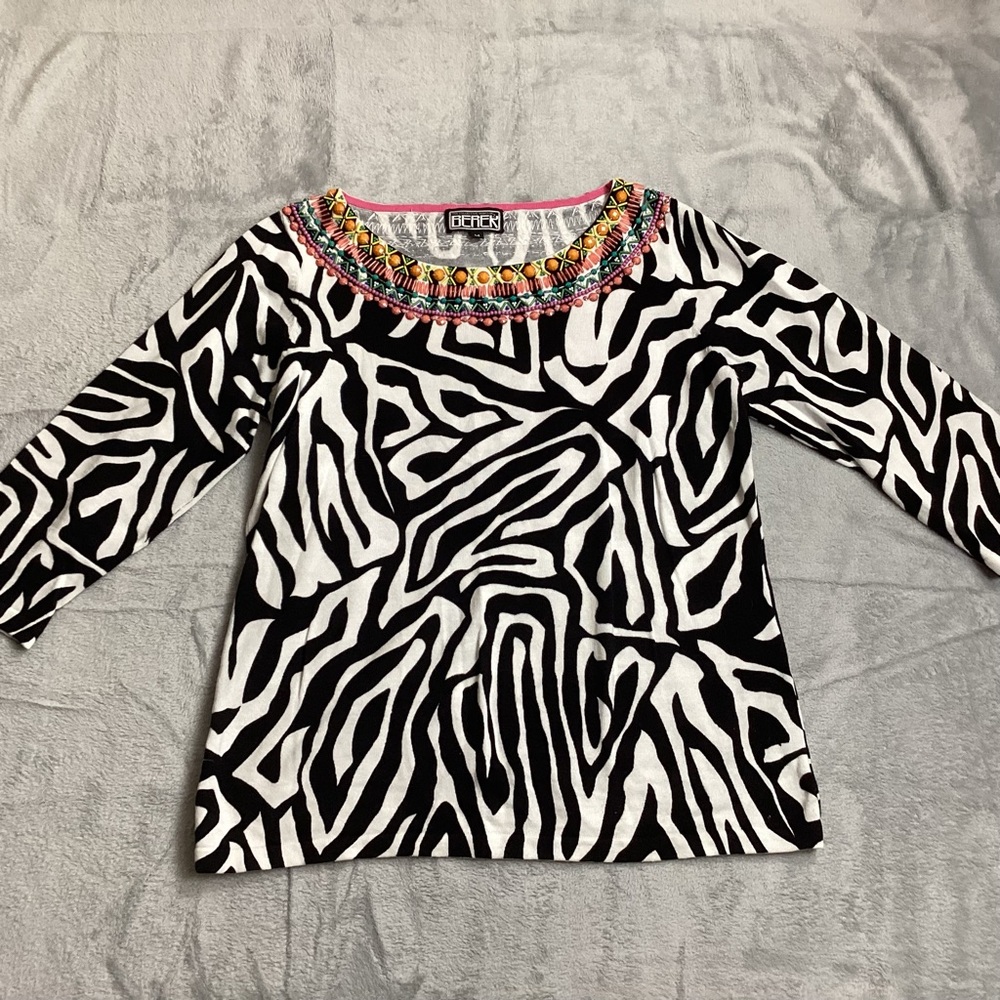 Berek 2 Sweater Medium Zebra Stripe 3/4 Sleeve Beaded